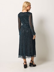 M&Co Green Plisse Bow Waist Dress - Image 3 of 6