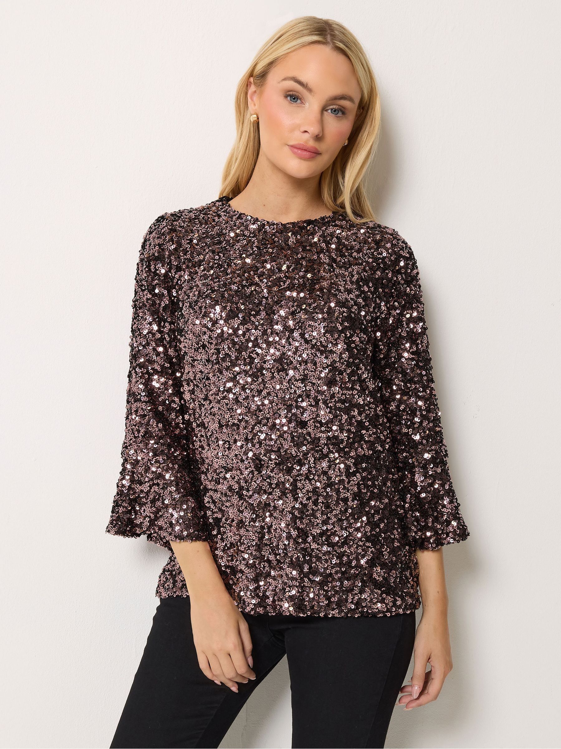 M & Co Women's Brown Sequin Flute Top
