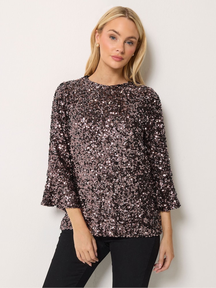 M&Co Brown Sequin Flute Top - Image 1 of 6 M&Co Brown Sequin Flute Top - Image 1 of 6