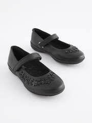 Black Wide Fit (G) School Flower Mary Jane Shoes - Image 1 of 5