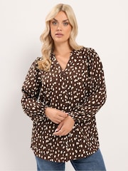 Yours Curve Brown Spot Print Notch Neck Blouse - Image 1 of 6
