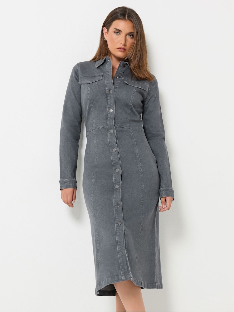 Long Tall Sally Grey Button Denim Midi Dress - Image 1 of 6 Long Tall Sally Grey Button Denim Midi Dress - Image 1 of 6