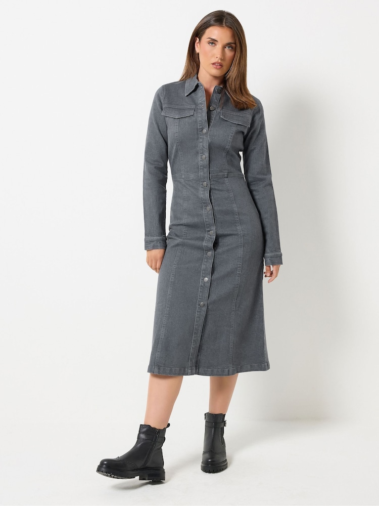 Long Tall Sally Grey Button Denim Midi Dress - Image 2 of 6 Long Tall Sally Grey Button Denim Midi Dress - Image 2 of 6