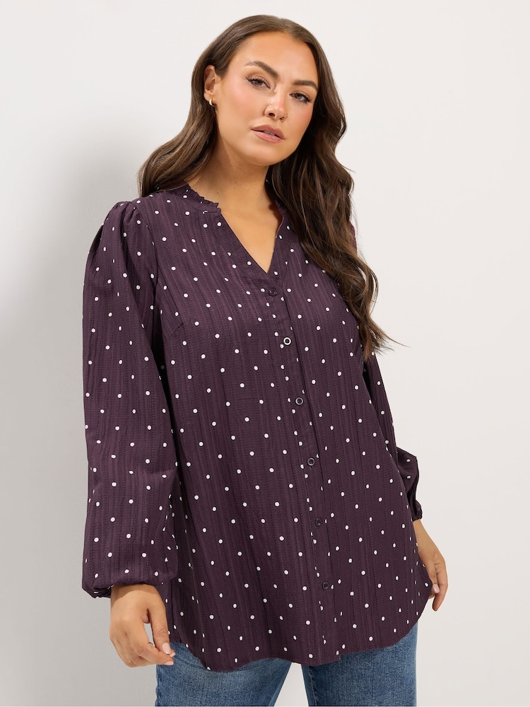 Yours Curve Purple Spot Print Notch Neck Blouse - Image 1 of 6 Yours Curve Purple Spot Print Notch Neck Blouse - Image 1 of 6