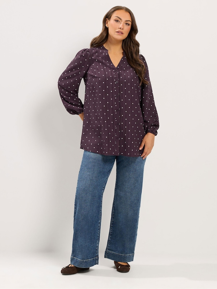 Yours Curve Purple Spot Print Notch Neck Blouse - Image 2 of 6 Yours Curve Purple Spot Print Notch Neck Blouse - Image 2 of 6