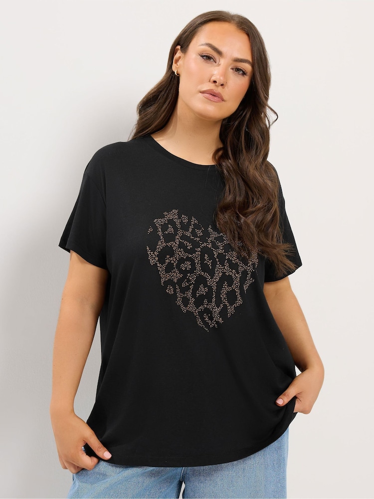 Yours Curve Black Studded Animal Heart T-Shirt - Image 1 of 6 Yours Curve Black Studded Animal Heart T-Shirt - Image 1 of 6