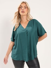 Yours Curve Blue V Grown On Sleeve Blouse - Image 1 of 6