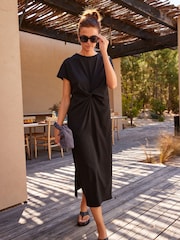 Black 100% Cotton Twist Short Sleeved T-Shirt Summer Dress - Image 1 of 6
