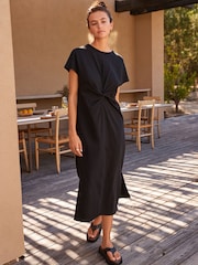 Black 100% Cotton Twist Short Sleeved T-Shirt Summer Dress - Image 2 of 6