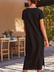 Black 100% Cotton Twist Short Sleeved T-Shirt Summer Dress - Image 3 of 6