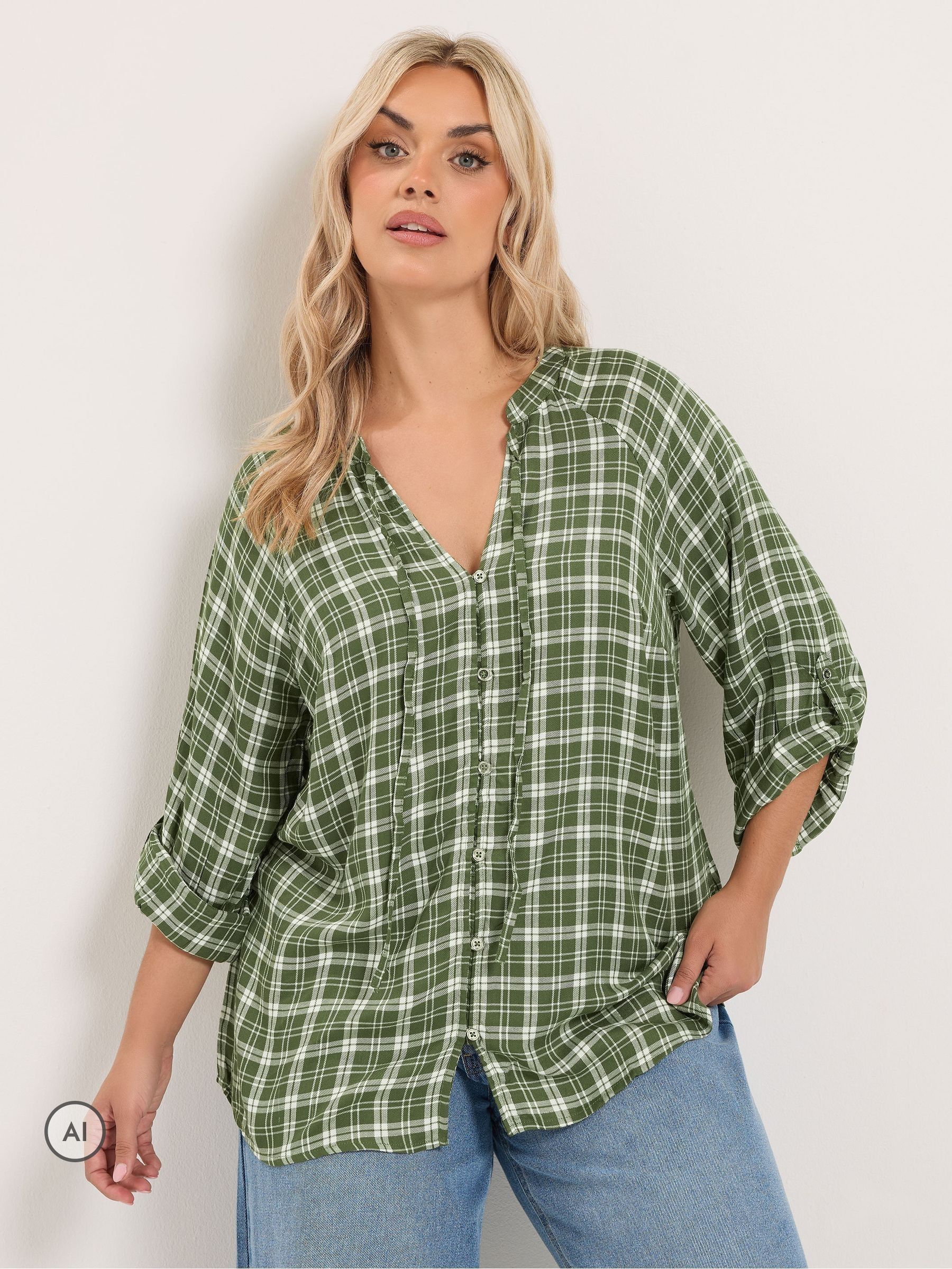 Yours Women's Green Curve Checked Tie Detail Top - Image 3