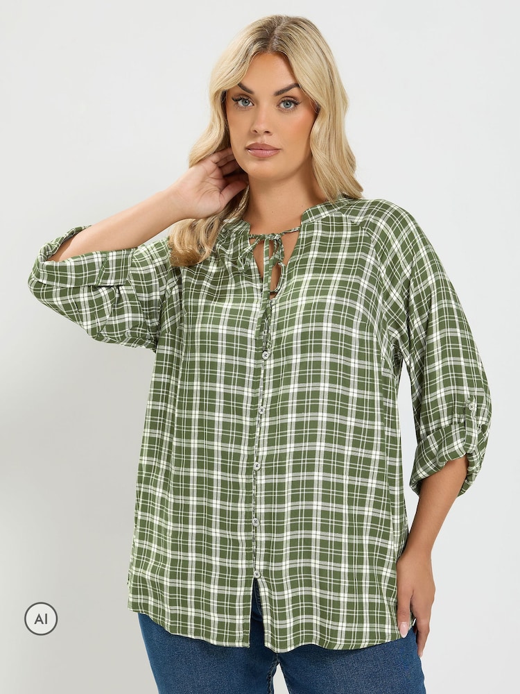 Yours Curve Green Check Button Through Tie Top - Image 1 of 6 Yours Curve Green Check Button Through Tie Top - Image 1 of 6