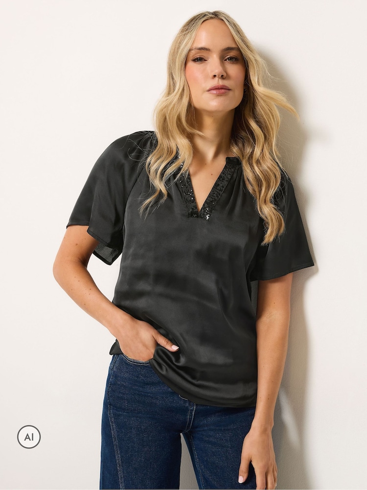 Long Tall Sally Black Satin Sequin Top - Image 1 of 6 Long Tall Sally Black Satin Sequin Top - Image 1 of 6