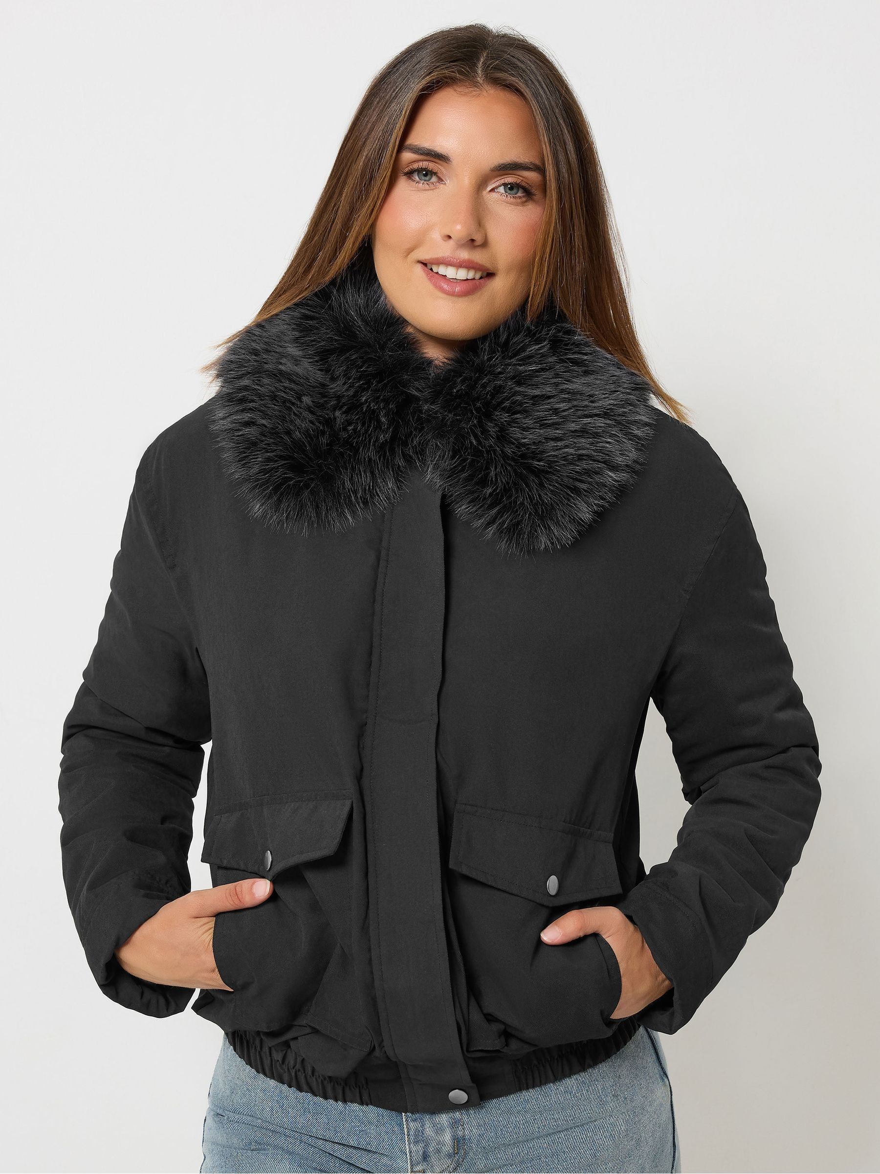 Long Tall Sally Women's Black Faux Fur Collar Bomber Jacket - Image 1