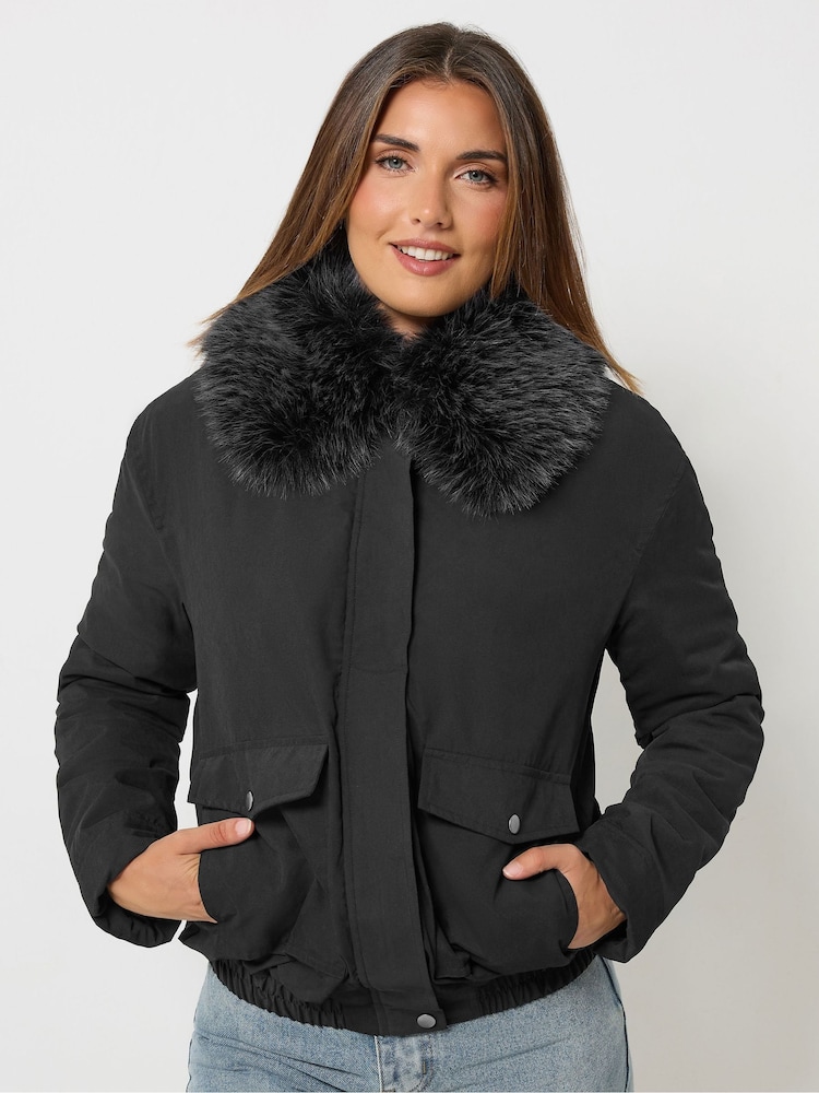 Long Tall Sally Faux Fur Collar Bomber Jacket - Attēls 1 no 7