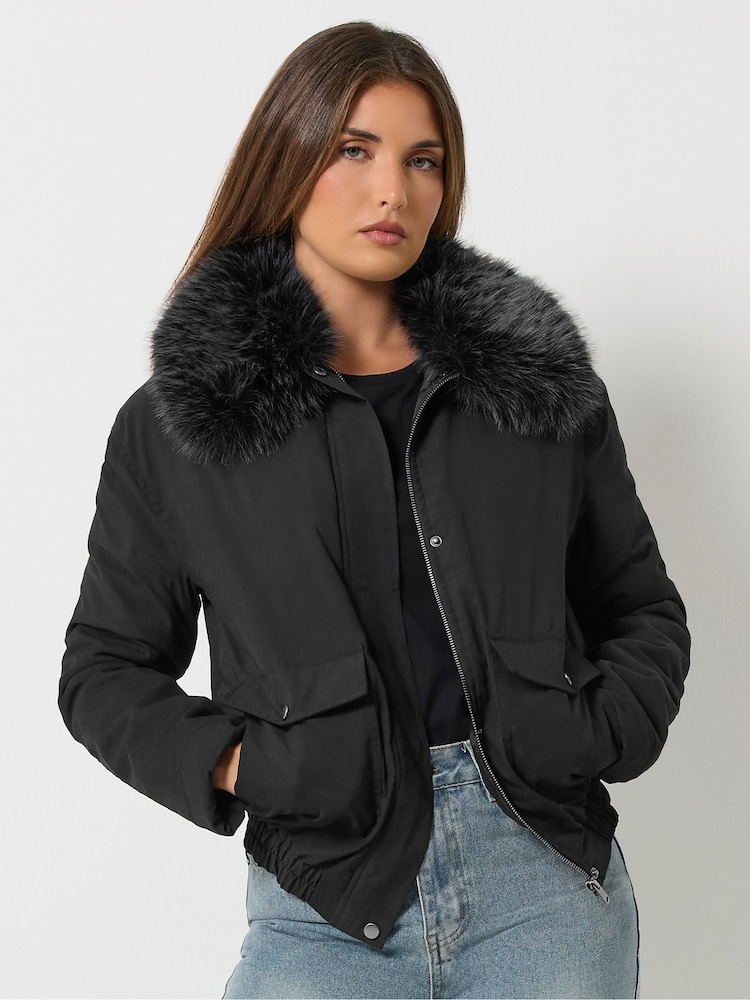 Long Tall Sally Faux Fur Collar Bomber Jacket - Attēls 2 no 7