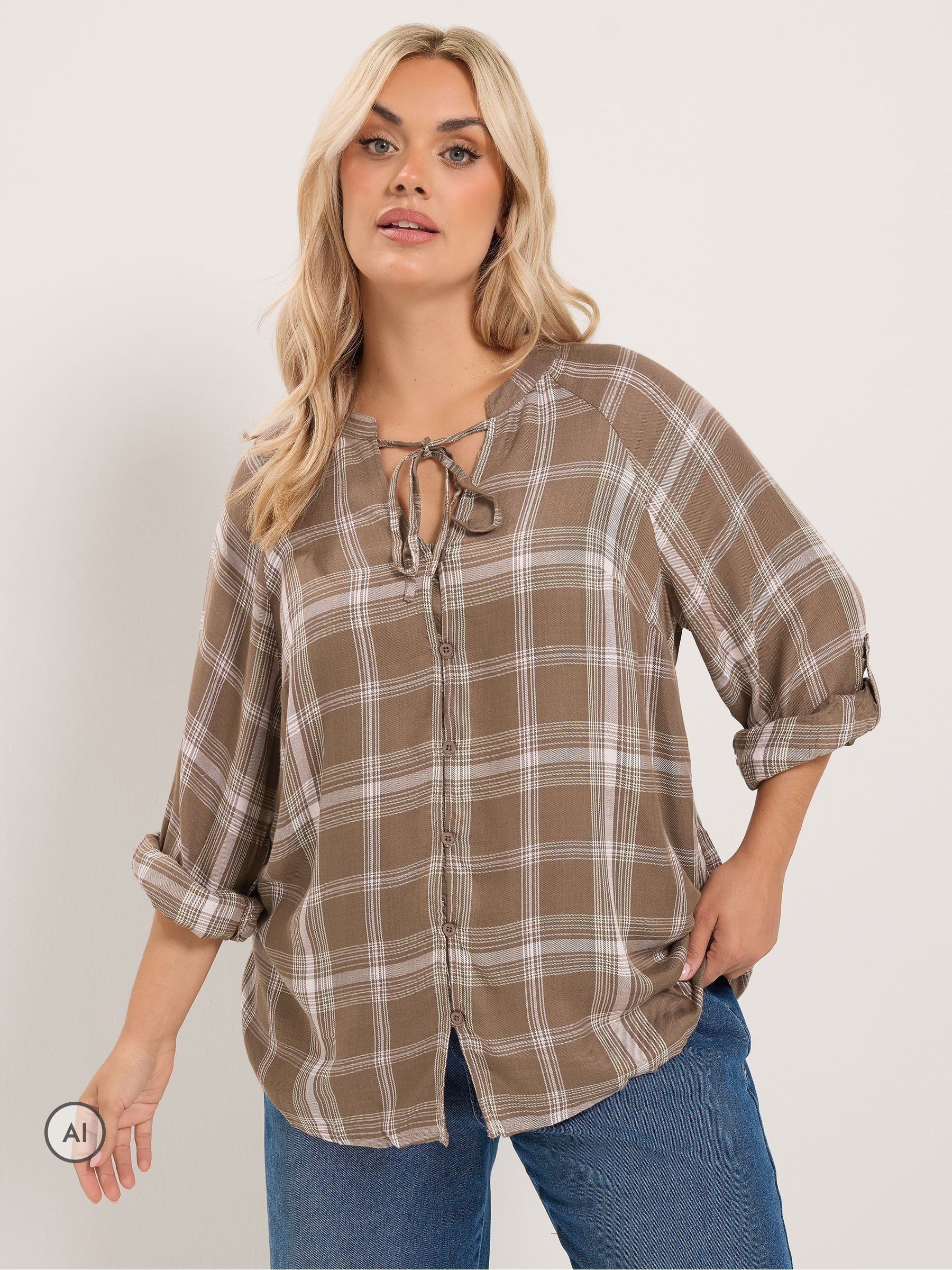 Yours Women's Checked Tie Detail Top in Brown | Size: 30-32 - Image 2