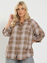 Yours Curve Brown Check Button Through Tie Top - Image 1 of 6