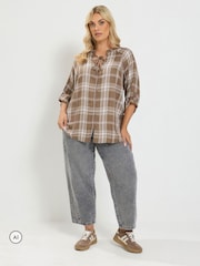 Yours Curve Brown Check Button Through Tie Top - Image 2 of 6