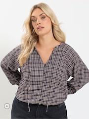 Yours Curve Blue Check Button Through Tie Top - Image 1 of 7