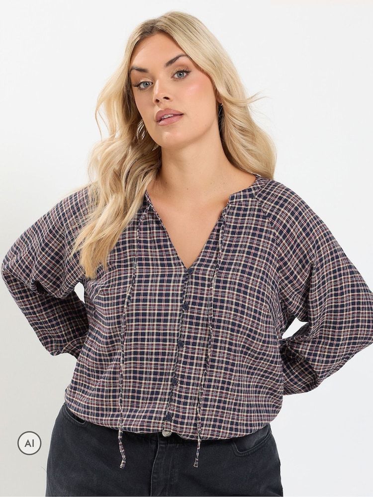 Yours Curve Blue Check Button Through Tie Top - Image 1 of 7