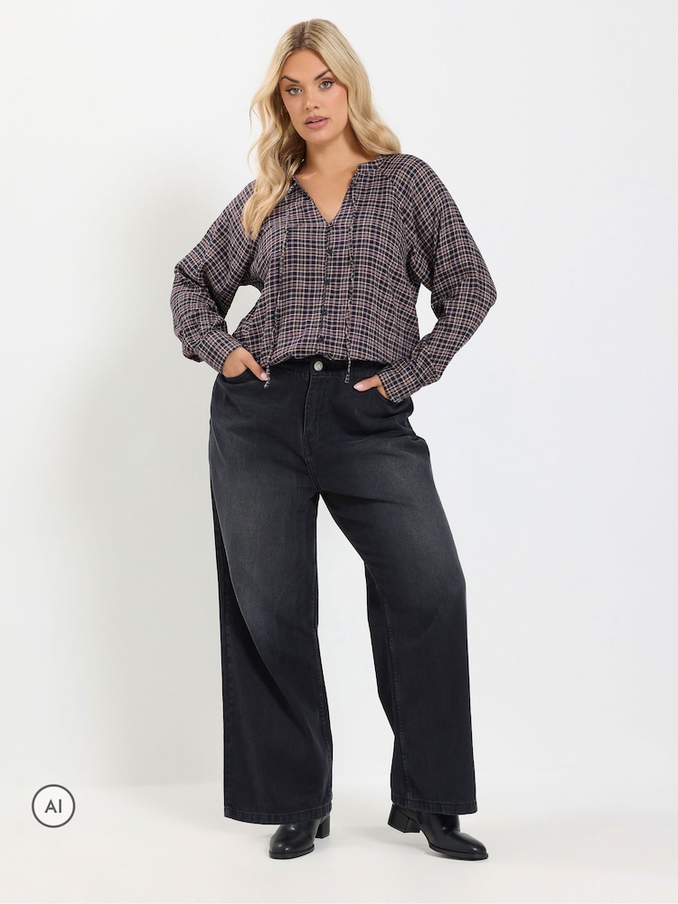 Yours Curve Blue Check Button Through Tie Top - Image 2 of 7