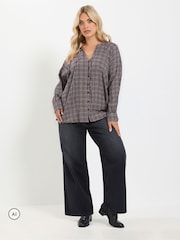 Yours Curve Blue Check Button Through Tie Top - Image 5 of 7