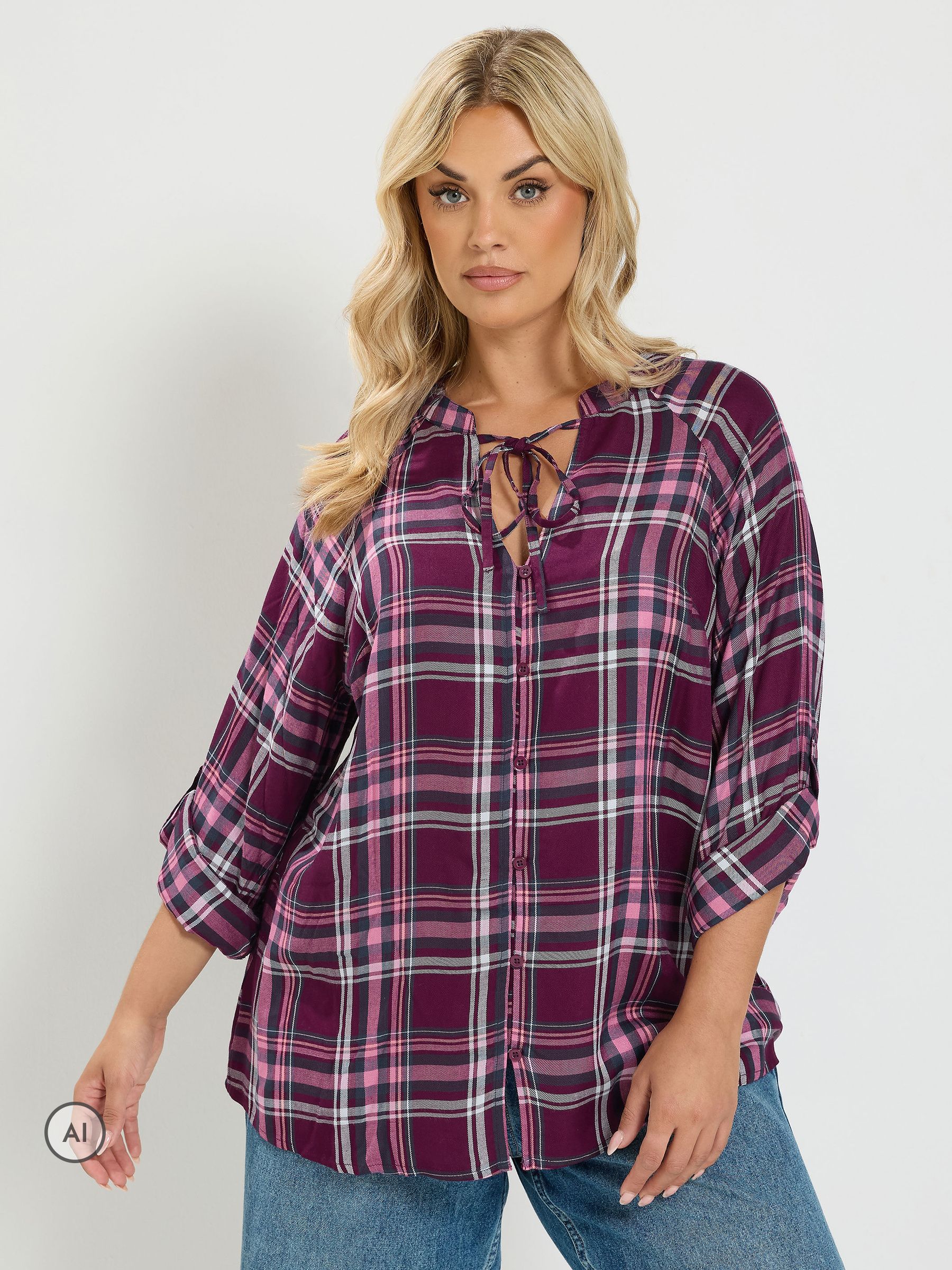 Yours Curve Women's Pink Check Button Through Tie Top - Image 1