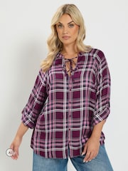 Yours Curve Pink Check Button Through Tie Top - Image 1 of 6