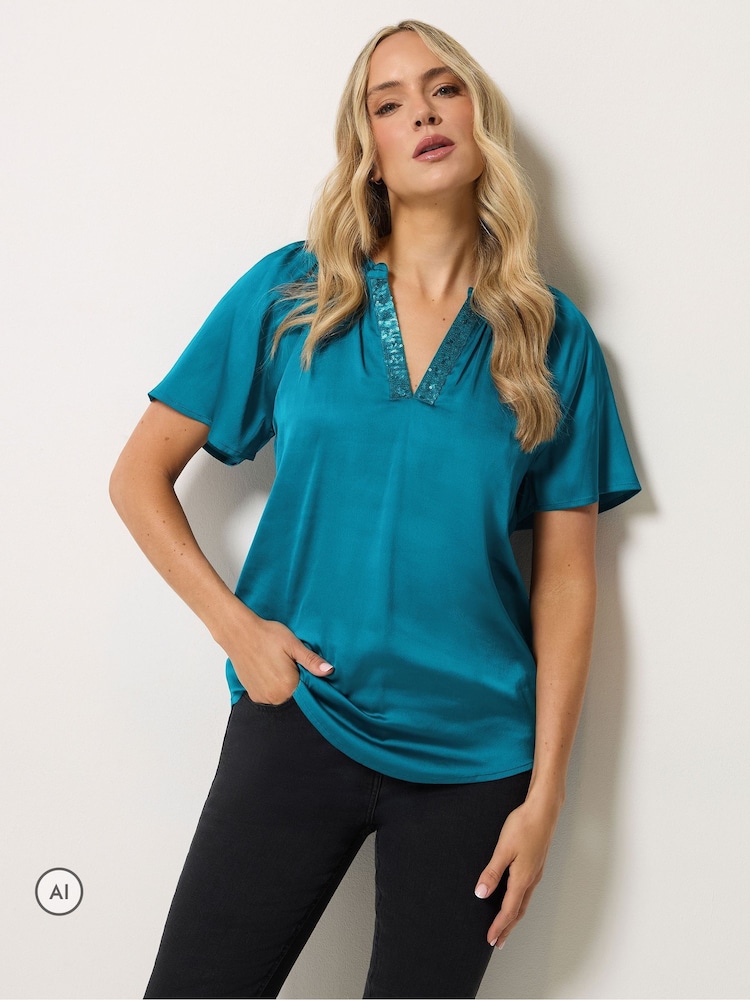 Long Tall Sally Blue Satin Sequin Top - Image 1 of 10 Long Tall Sally Blue Satin Sequin Top - Image 1 of 10