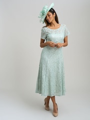 Gina Bacconi Green Genny Cap Sleeve Midi Length Sequin Lace Dress - Image 1 of 7