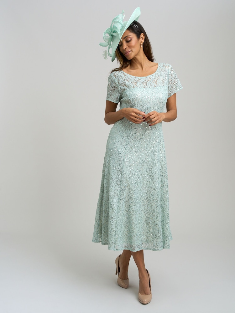 Gina Bacconi Green Genny Cap Sleeve Midi Length Sequin Lace Dress - Image 1 of 7 Gina Bacconi Green Genny Cap Sleeve Midi Length Sequin Lace Dress - Image 1 of 7