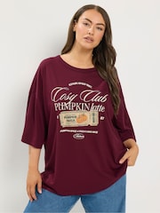 Yours Curve Red Cosy Club Pumpkin Latte Graphic T-Shirt - Image 1 of 6