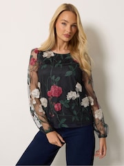 M&Co Black Rose Embroidered Mesh Top - Image 1 of 6