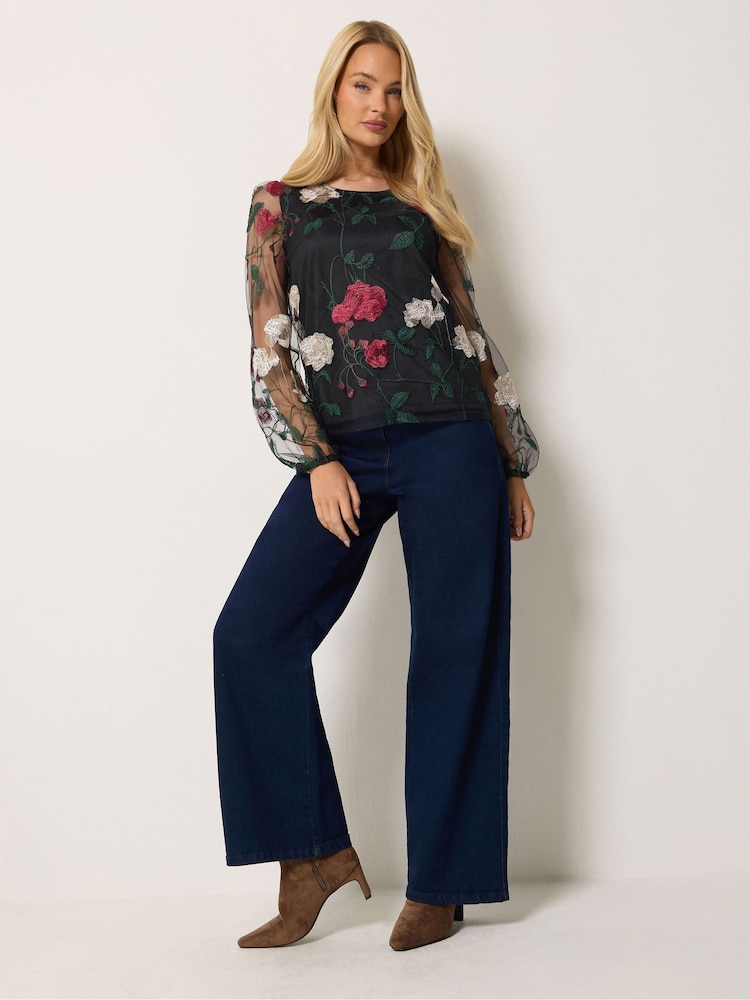 M&Co Black Rose Embroidered Mesh Top - Image 2 of 6 M&Co Black Rose Embroidered Mesh Top - Image 2 of 6