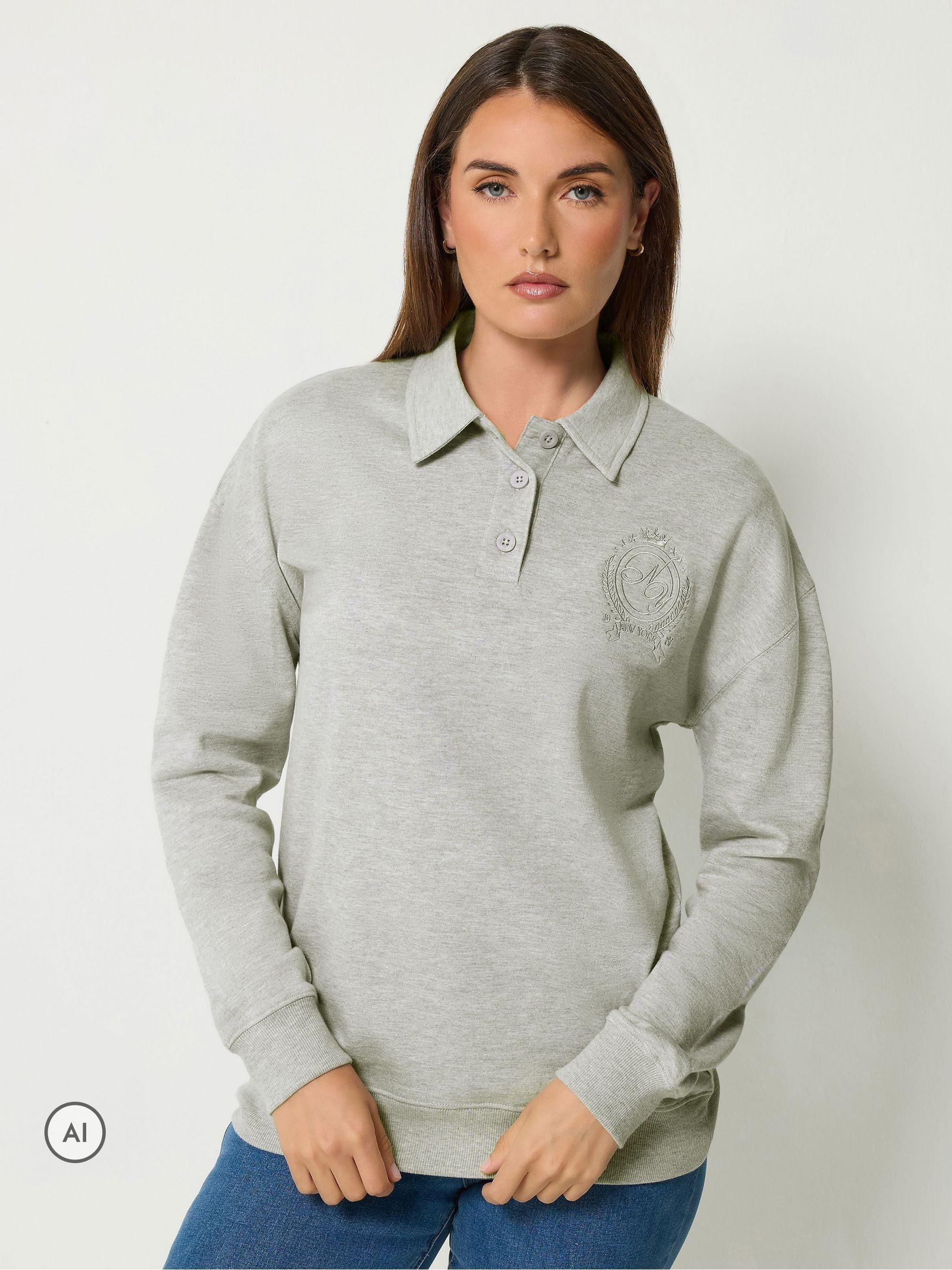 Long Tall Sally Women's Tall Embroidered Button Sweatshirt in Grey | Size: 20 - Image 2