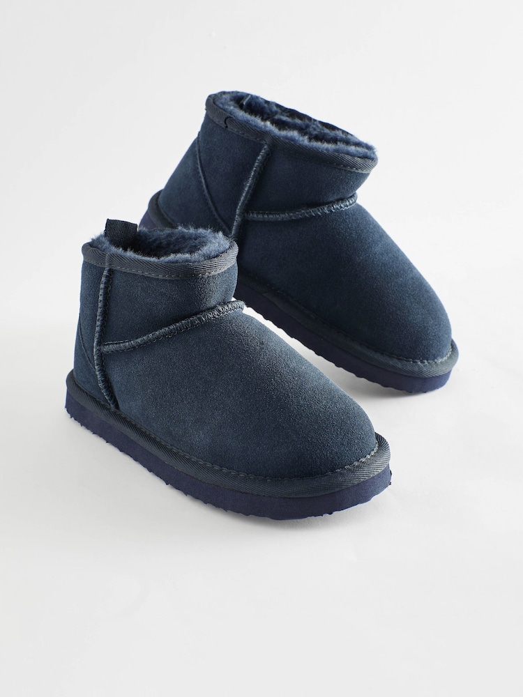 Navy Blue Short Warm Lined Suede Slipper Boots - Image 1 of 5