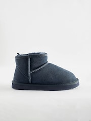Navy Blue Short Warm Lined Suede Slipper Boots - Image 2 of 5