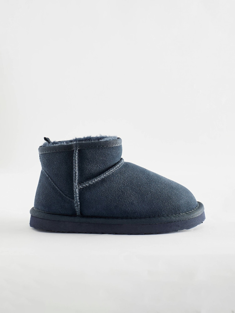 Navy Blue Short Warm Lined Suede Slipper Boots - Image 2 of 5