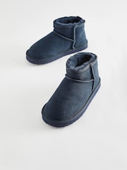 Navy Blue Short Warm Lined Suede Slipper Boots - Image 3 of 5