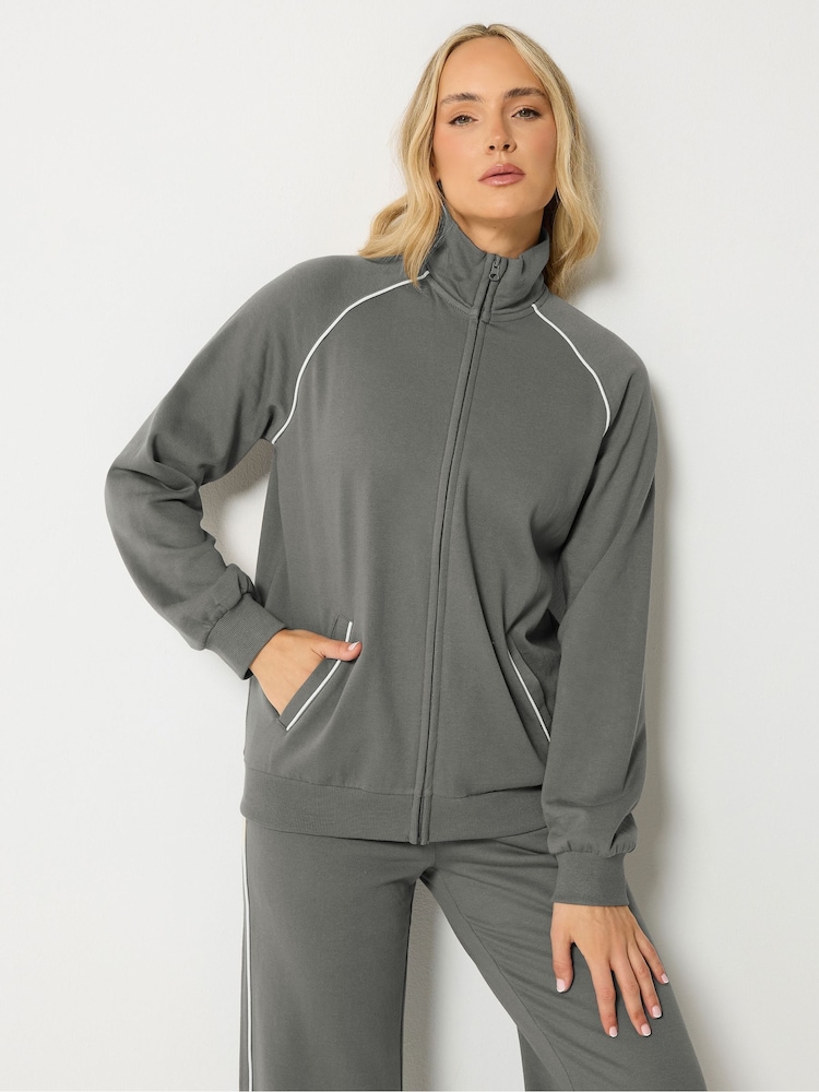 Long Tall Sally Grey Pipe Detail Quarter Zip Sweatshirt - Image 1 of 7