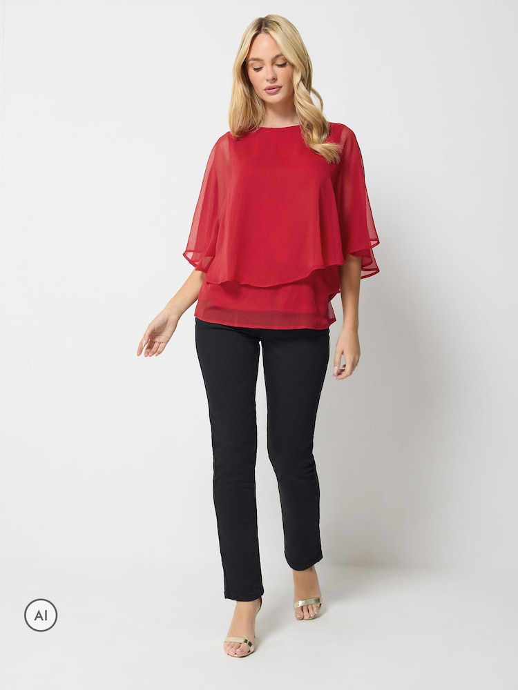 M&Co Red Chiffon Cape Top - Image 2 of 5 M&Co Red Chiffon Cape Top - Image 2 of 5