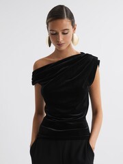 Reiss Black Mia Velvet Off-The-Shoulder Top - Image 1 of 5