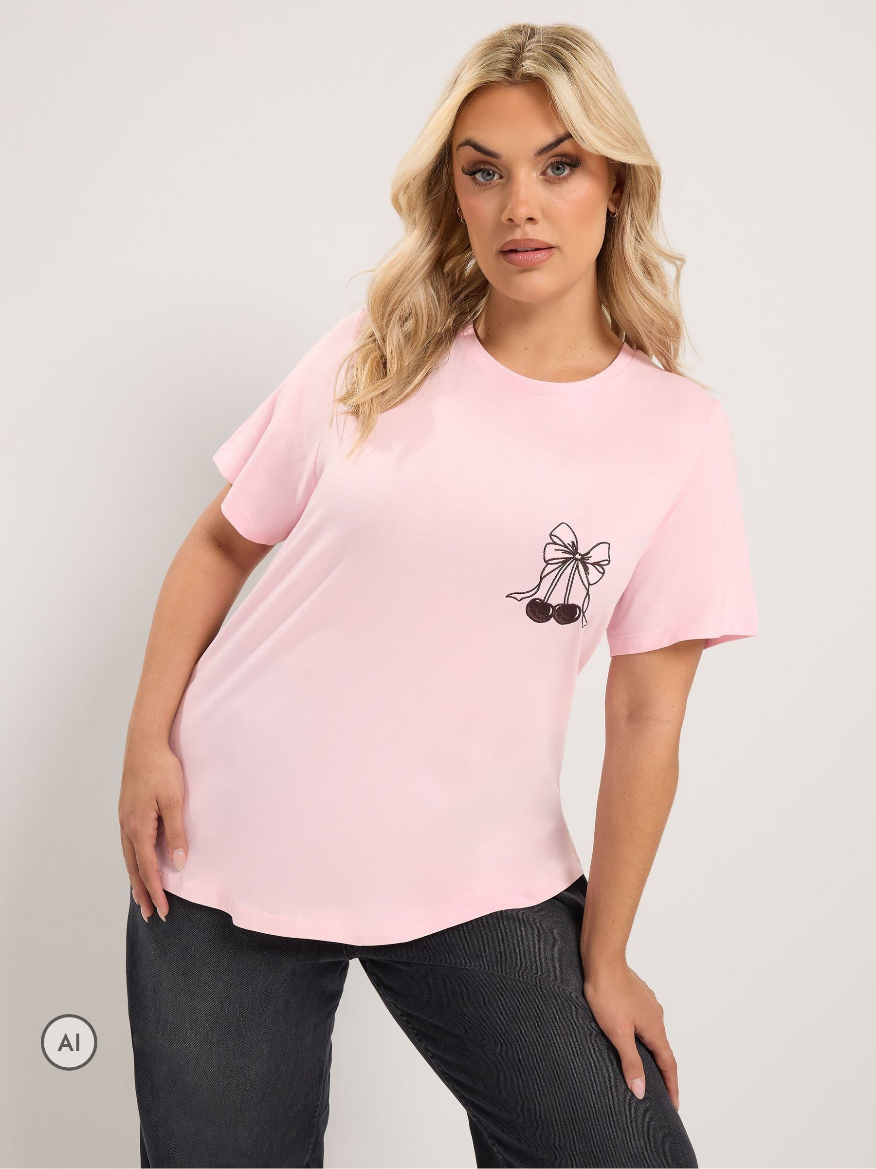 Yours Women's Baby Pink Embroidered Bow T-Shirt In | : 34/36 - Image 2