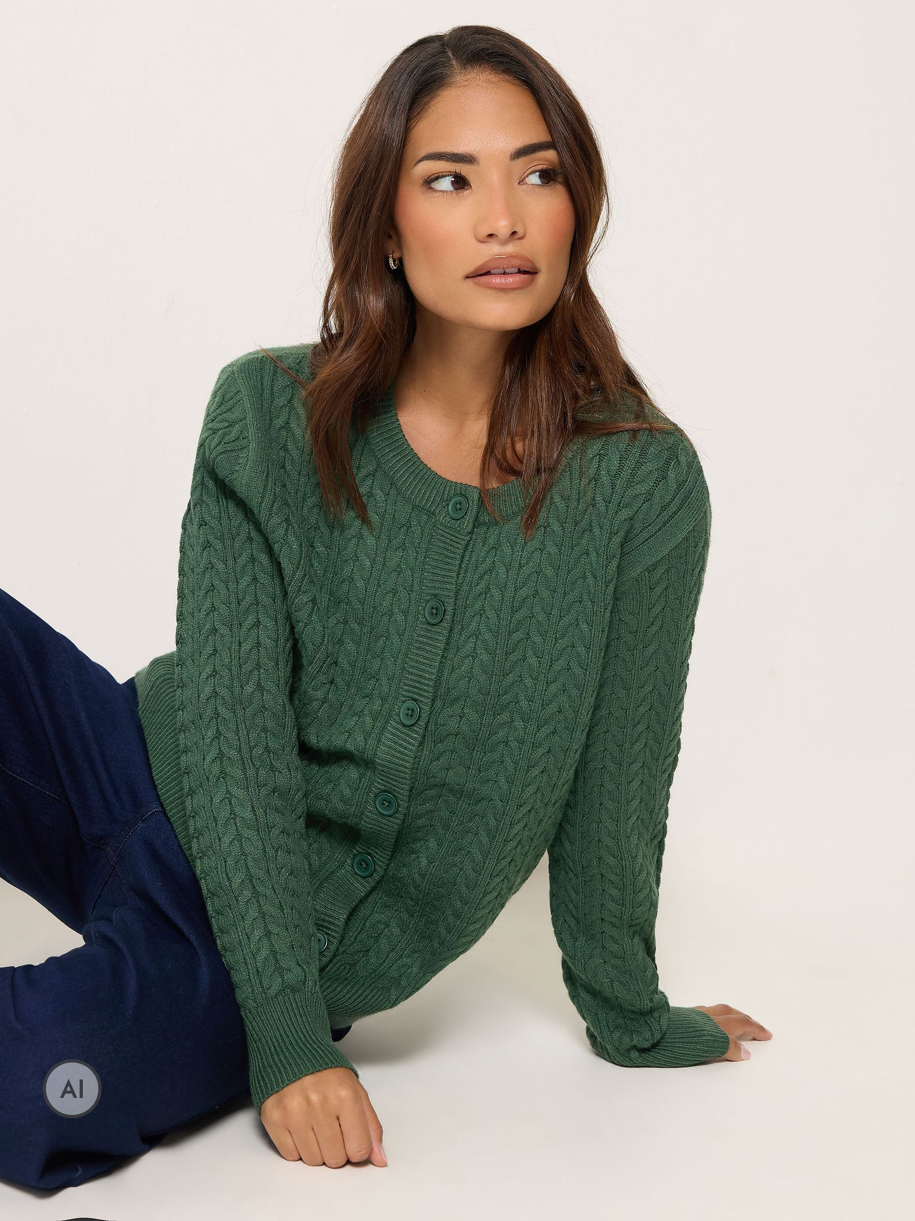 M&Co Women's Petite Cable Knit Cardigan Sweater in Green | Size: 8-10 - Image 2