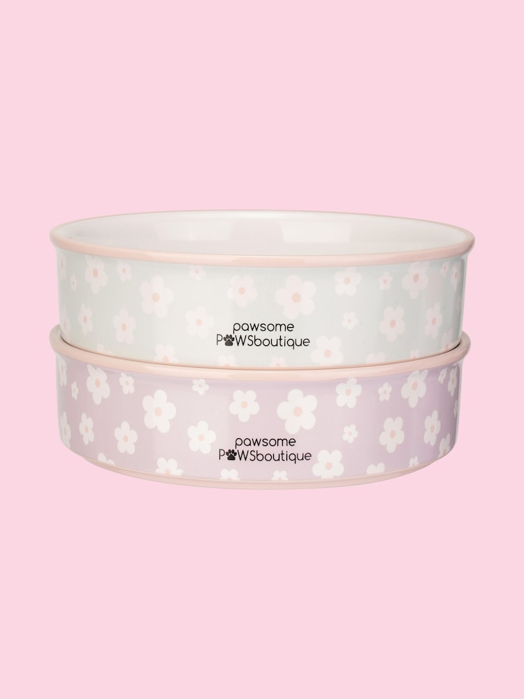 Pawsome Paws Boutique Set of 2 Pink/Blue Ceramic Pet Bowls - Image 2 of 5