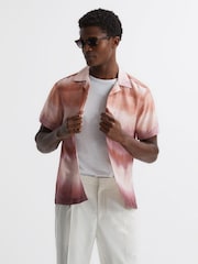 Reiss Rust Riley Printed Cuban Collar Button Through T-Shirt - Image 1 of 4