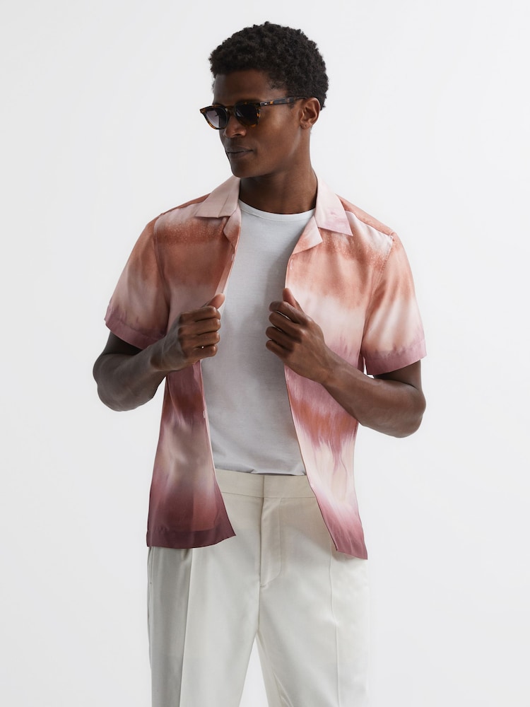 Reiss Rust Riley Printed Cuban Collar Button Through T-Shirt - Image 1 of 4