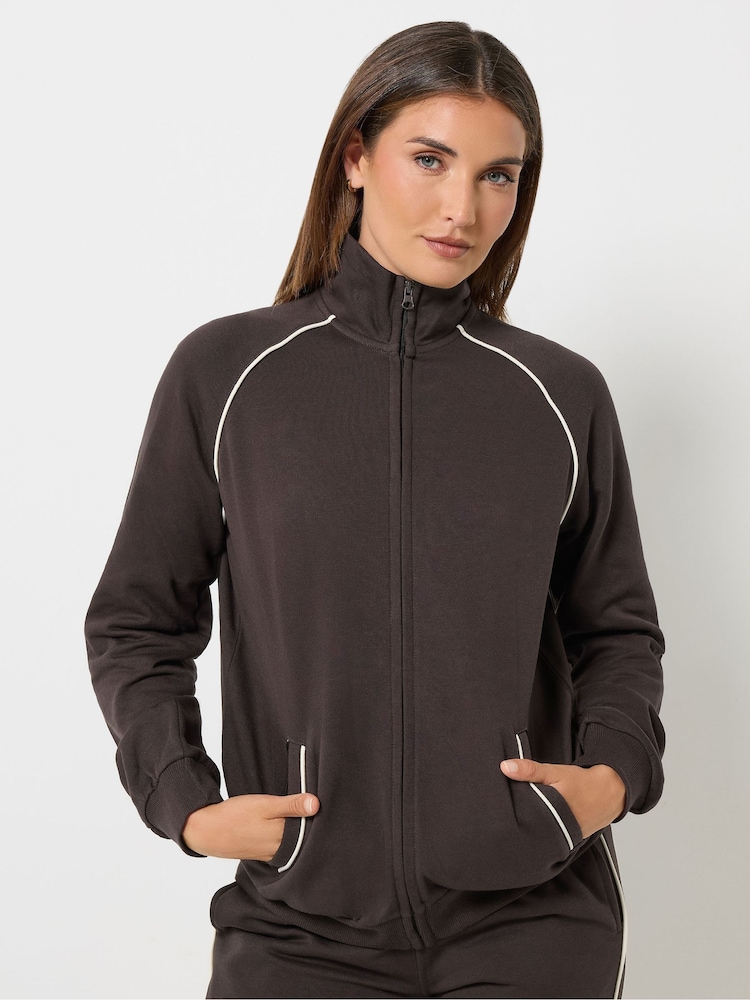 Long Tall Sally Brown Pipe Detail Quarter Zip Sweatshirt - Image 1 of 7 Long Tall Sally Brown Pipe Detail Quarter Zip Sweatshirt - Image 1 of 7