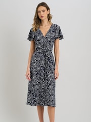 Gina Bacconi Blue Persia Faux Wrap Flutter Sleeve Dress - Image 1 of 7